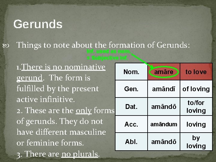 Gerunds Things to note about the formation of Gerunds: Inf. used as nom. =