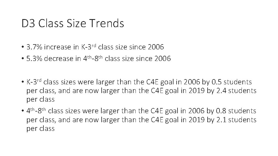 D 3 Class Size Trends • 3. 7% increase in K-3 rd class size