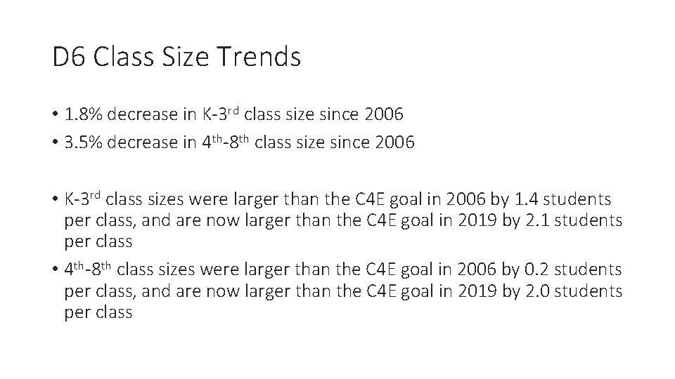 D 6 Class Size Trends • 1. 8% decrease in K-3 rd class size