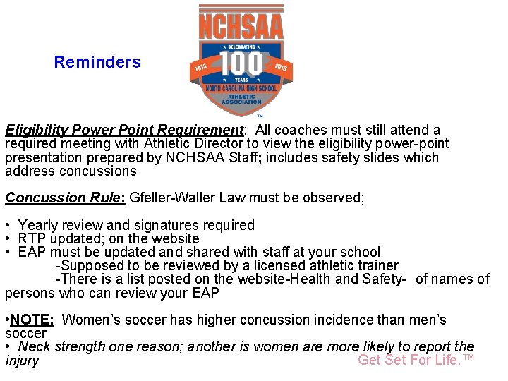 National Federation of State High School Associations Reminders Eligibility Power Point Requirement: All coaches