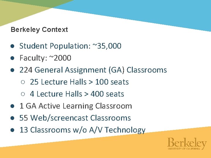 Berkeley Context ● Student Population: ~35, 000 ● Faculty: ~2000 ● 224 General Assignment