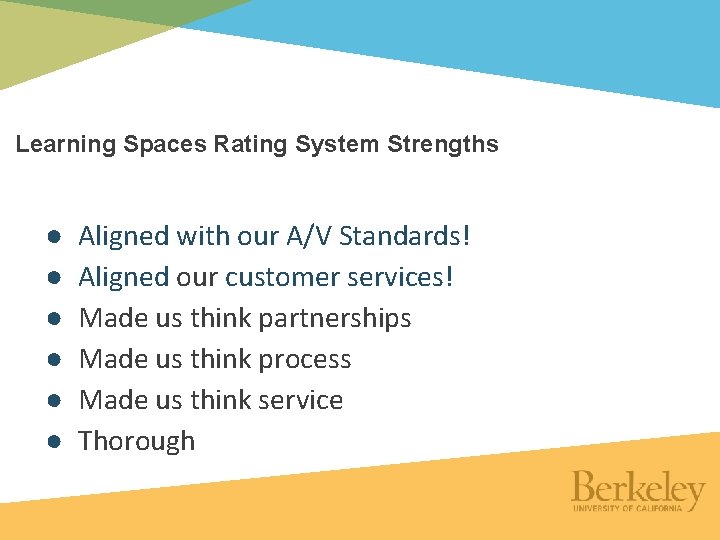 Learning Spaces Rating System Strengths ● ● ● Aligned with our A/V Standards! Aligned