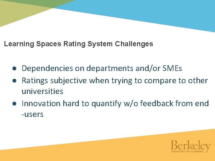 Learning Spaces Rating System Challenges ● Dependencies on departments and/or SMEs ● Ratings subjective