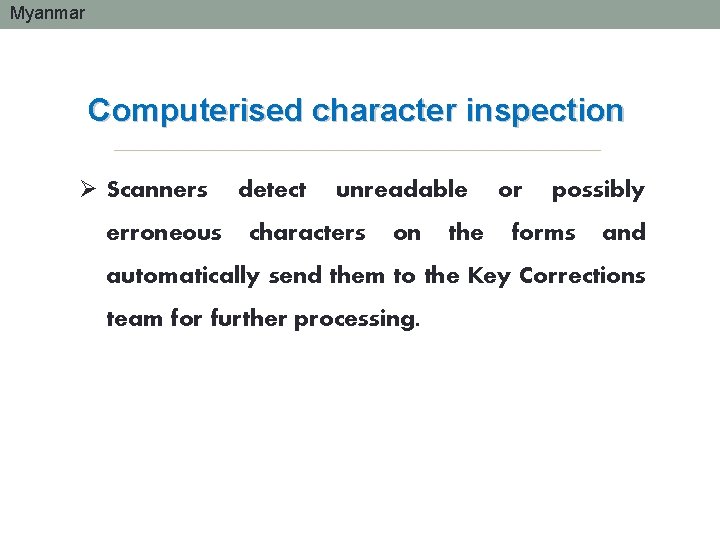 Myanmar Computerised character inspection Ø Scanners erroneous detect unreadable characters on the or possibly