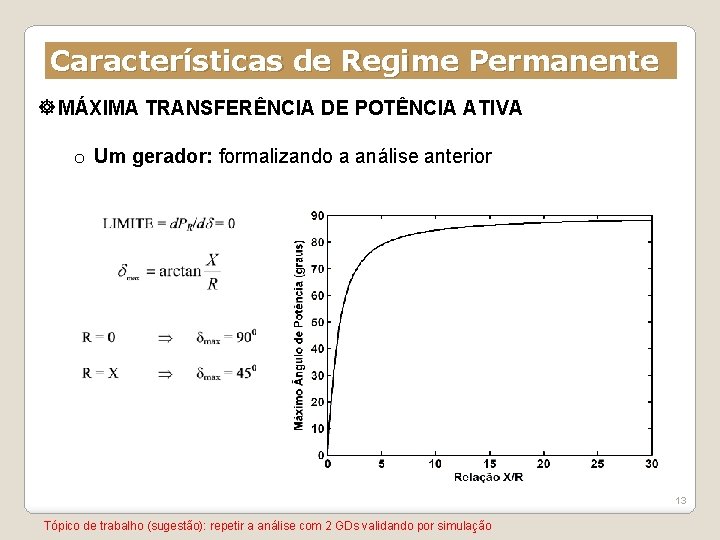 Características de Regime Permanente MÁXIMA TRANSFERÊNCIA DE POTÊNCIA ATIVA o Um gerador: formalizando a
