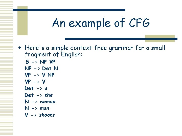 An example of CFG w Here's a simple context free grammar for a small