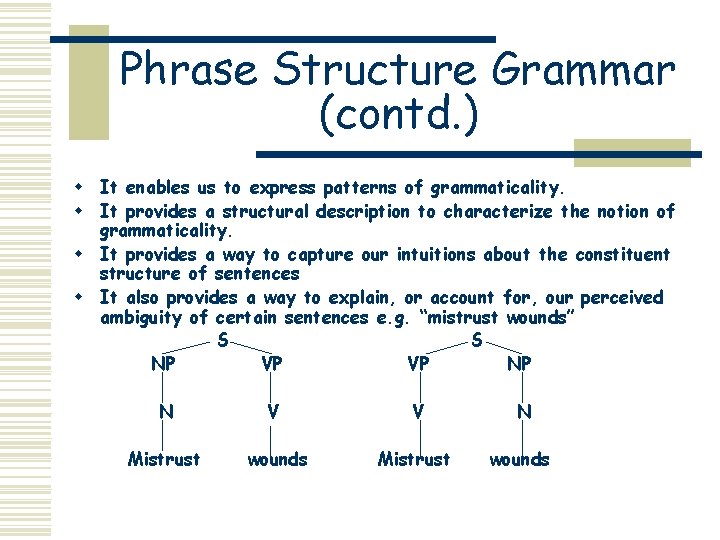 Phrase Structure Grammar (contd. ) w It enables us to express patterns of grammaticality.