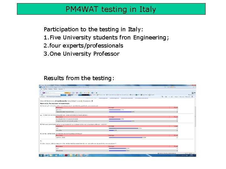 PM 4 WAT testing in Italy Participation to the testing in Italy: 1. Five