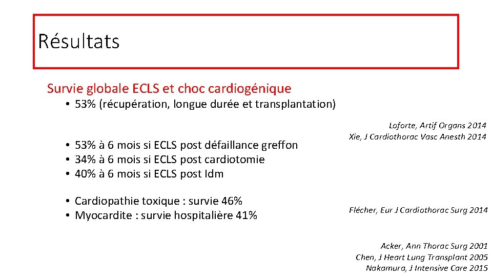 Résultats Survie globale ECLS et choc cardiogénique • 53% (récupération, longue durée et transplantation)