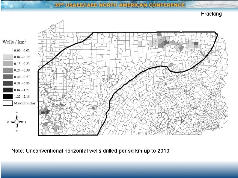 Fracking Note: Unconventional horizontal wells drilled per sq km up to 2010 