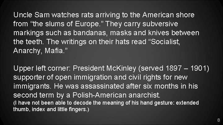 Uncle Sam watches rats arriving to the American shore from “the slums of Europe.