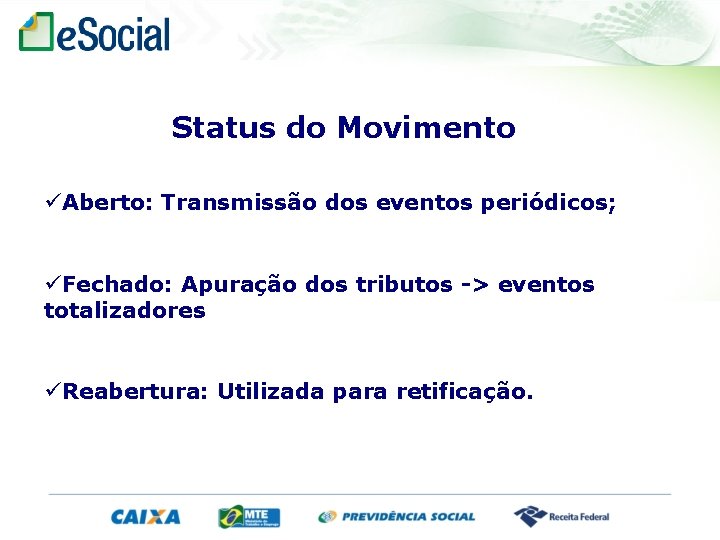 Status do Movimento Aberto: Transmissão dos eventos periódicos; Fechado: Apuração dos tributos -> eventos