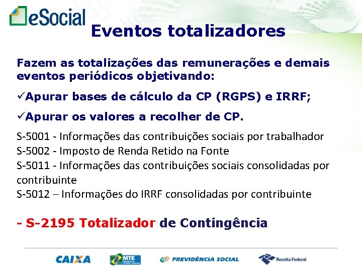 Eventos totalizadores Fazem as totalizações das remunerações e demais eventos periódicos objetivando: Apurar bases