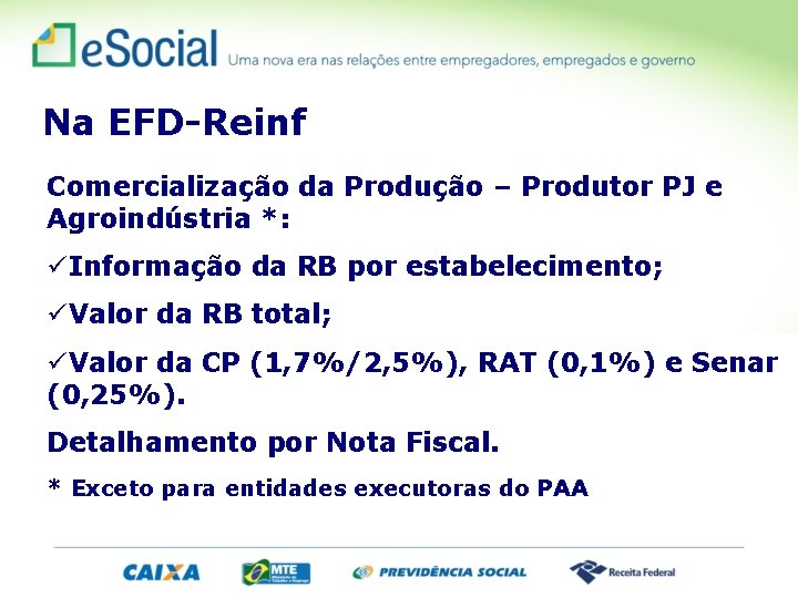 Na EFD-Reinf Comercialização da Produção – Produtor PJ e Agroindústria *: Informação da RB