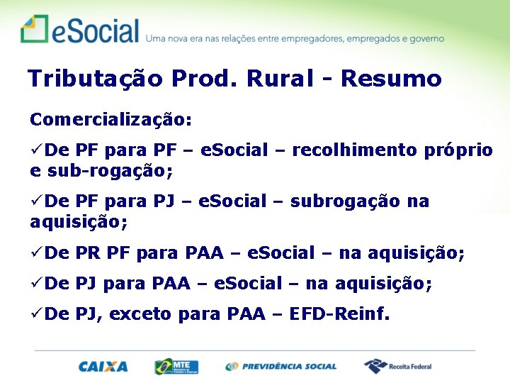 Tributação Prod. Rural - Resumo Comercialização: De PF para PF – e. Social –