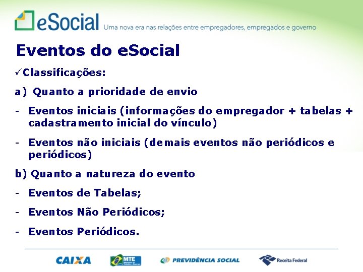 Eventos do e. Social Classificações: a) Quanto a prioridade de envio - Eventos iniciais