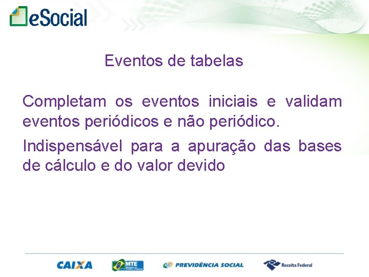 Eventos de tabelas Completam os eventos iniciais e validam eventos periódicos e não periódico.