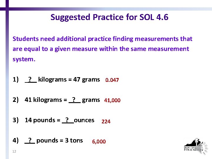 Suggested Practice for SOL 4. 6 Students need additional practice finding measurements that are