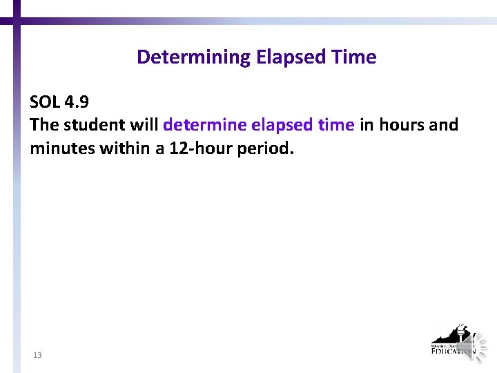 Determining Elapsed Time SOL 4. 9 The student will determine elapsed time in hours