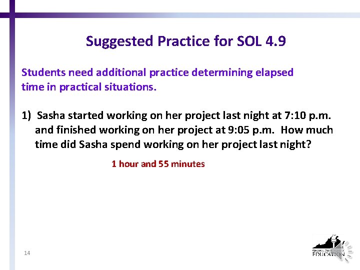 Suggested Practice for SOL 4. 9 Students need additional practice determining elapsed time in
