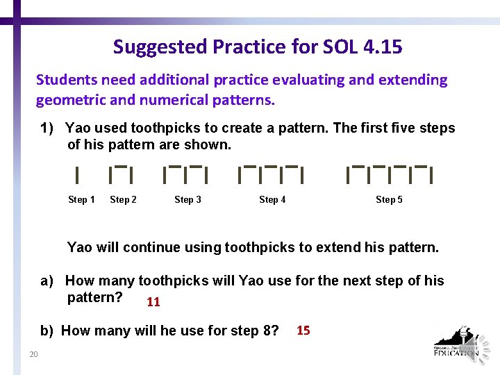 Suggested Practice for SOL 4. 15 Students need additional practice evaluating and extending geometric