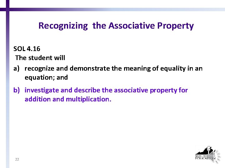 Recognizing the Associative Property SOL 4. 16 The student will a) recognize and demonstrate