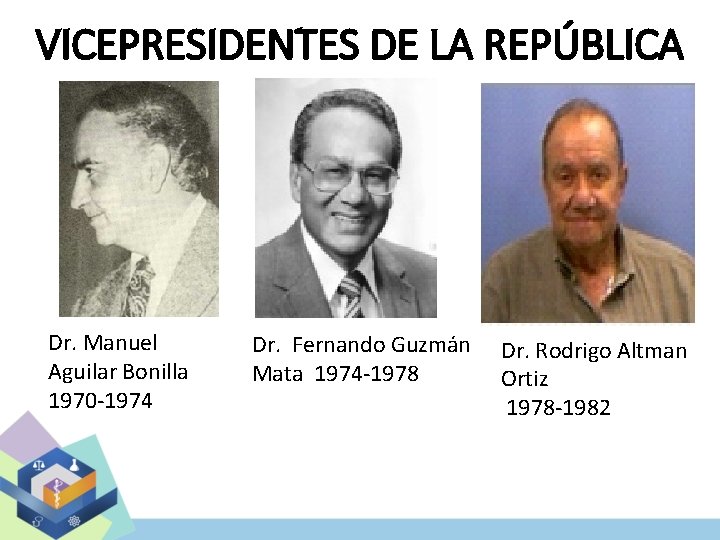 VICEPRESIDENTES DE LA REPÚBLICA Dr. Manuel Aguilar Bonilla 1970 -1974 Dr. Fernando Guzmán Mata