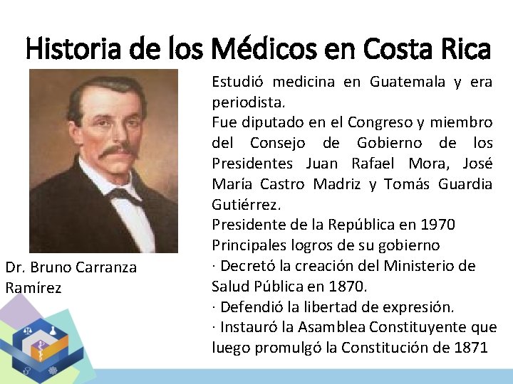 Historia de los Médicos en Costa Rica Dr. Bruno Carranza Ramírez Estudió medicina en