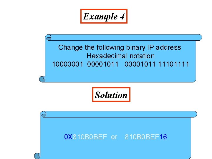 Example 4 Change the following binary IP address Hexadecimal notation 10000001011 11101111 Solution 0