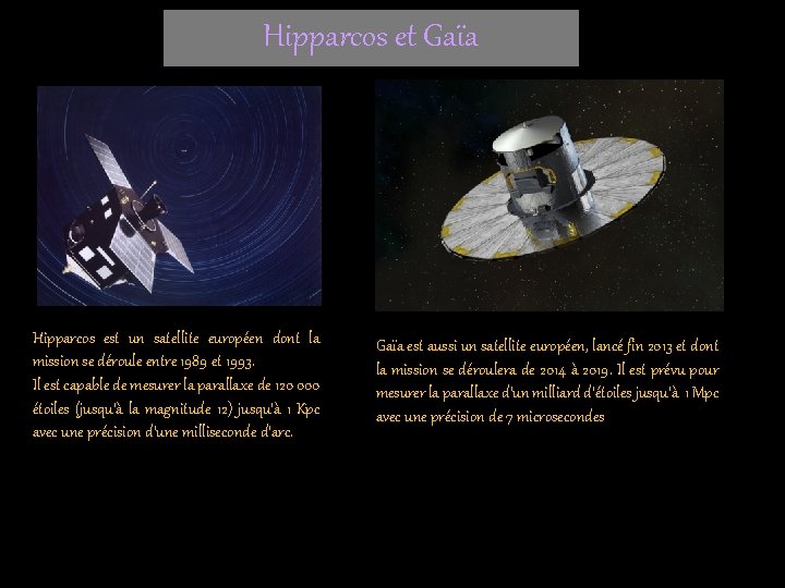 Hipparcos et Gaïa Hipparcos est un satellite européen dont la mission se déroule entre