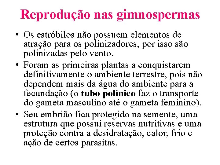 Reprodução nas gimnospermas • Os estróbilos não possuem elementos de atração para os polinizadores,