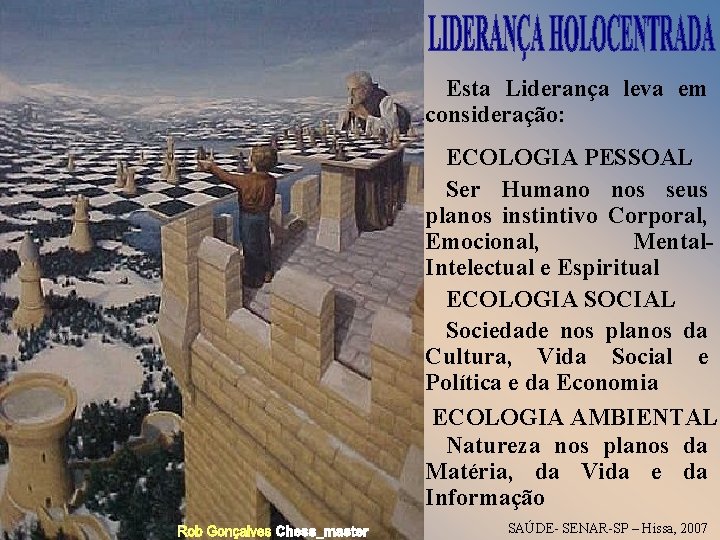 Esta Liderança leva em consideração: ECOLOGIA PESSOAL Ser Humano nos seus planos instintivo Corporal,