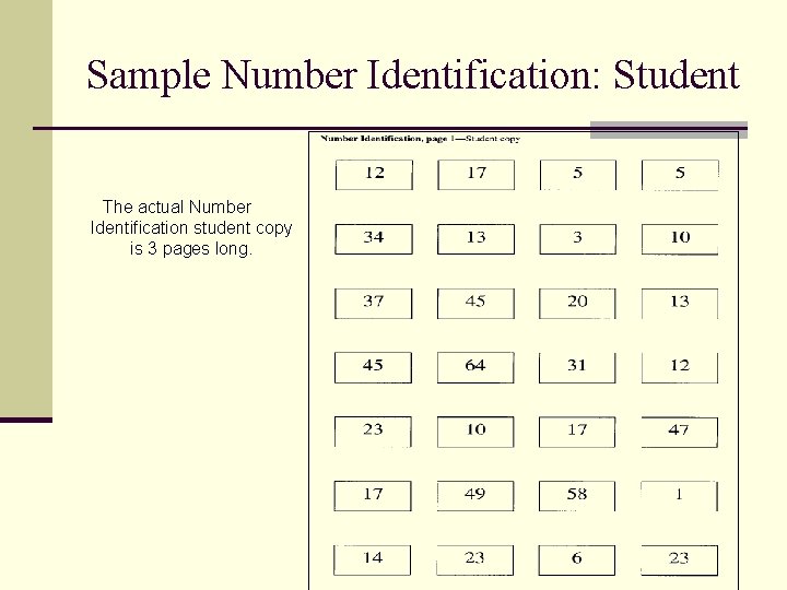 Sample Number Identification: Student The actual Number Identification student copy is 3 pages long.