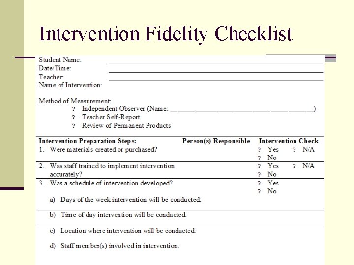 Intervention Fidelity Checklist 