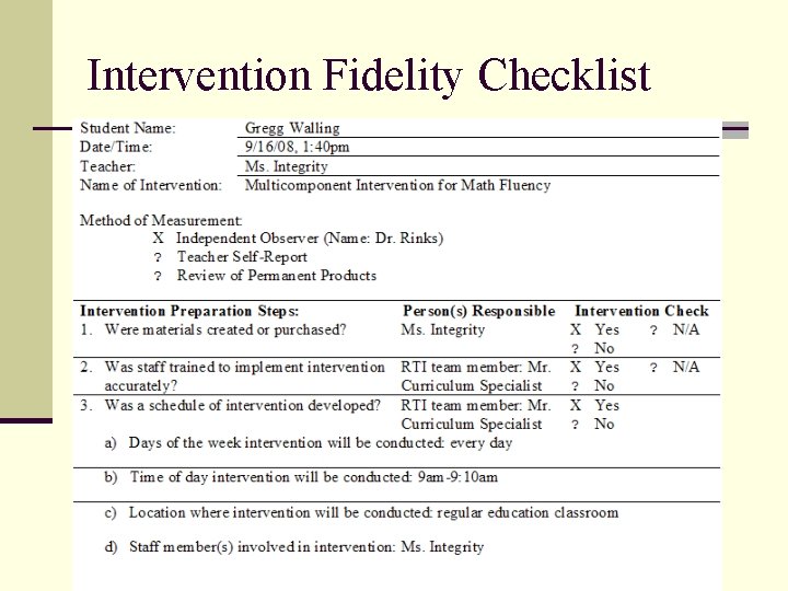 Intervention Fidelity Checklist 