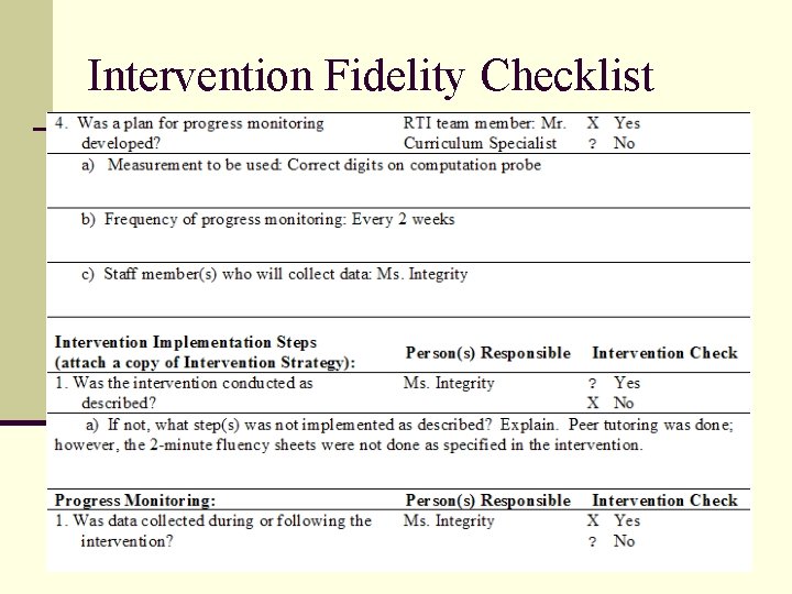 Intervention Fidelity Checklist 