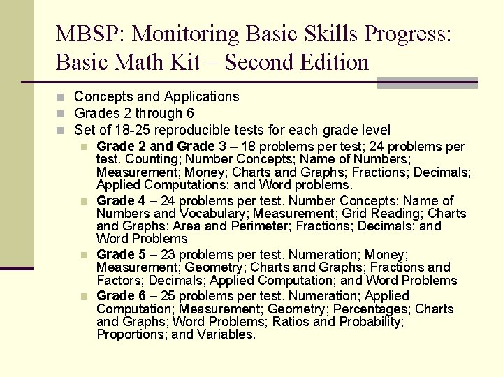 MBSP: Monitoring Basic Skills Progress: Basic Math Kit – Second Edition n Concepts and