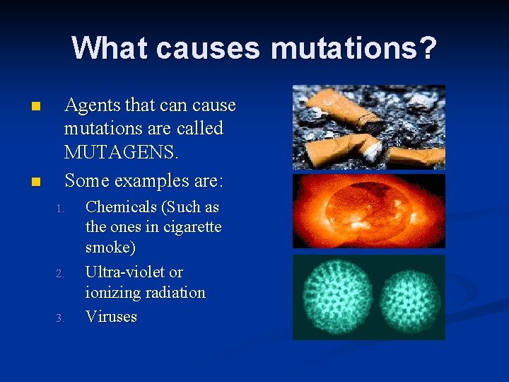 What causes mutations? n n Agents that can cause mutations are called MUTAGENS. Some