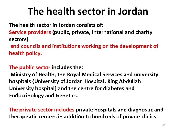 The health sector in Jordan consists of: Service providers (public, private, international and charity