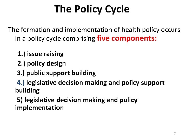 The Policy Cycle The formation and implementation of health policy occurs in a policy