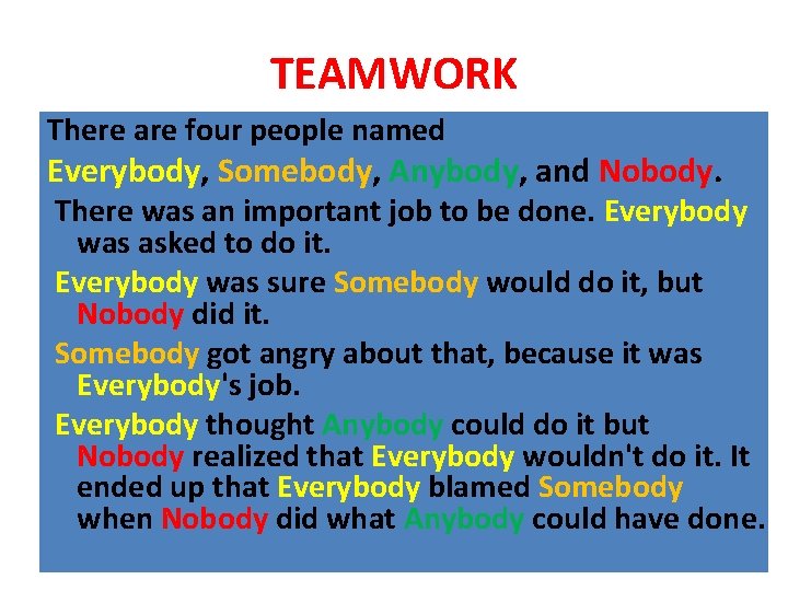 TEAMWORK There are four people named Everybody, Somebody, Anybody, and Nobody. There was an