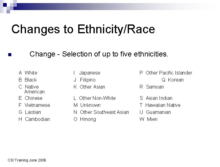 Changes to Ethnicity/Race n Change - Selection of up to five ethnicities. A White