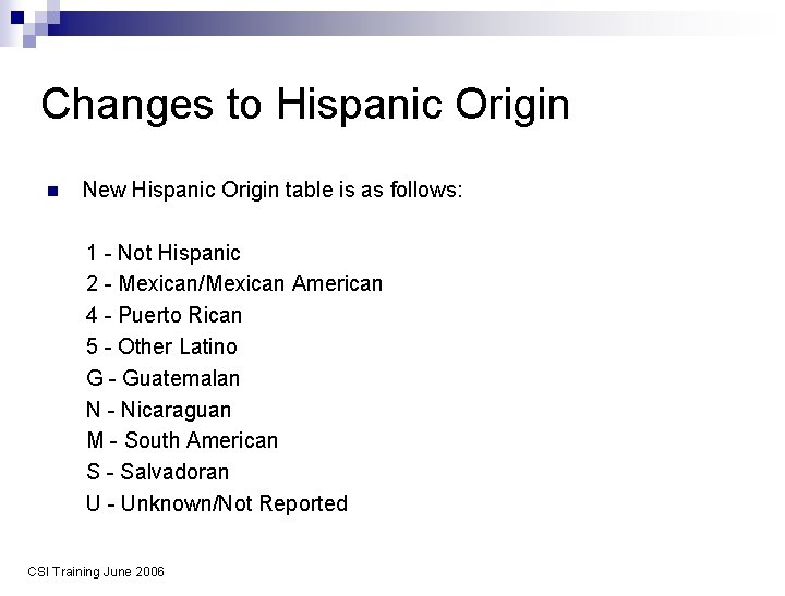 Changes to Hispanic Origin n New Hispanic Origin table is as follows: 1 -