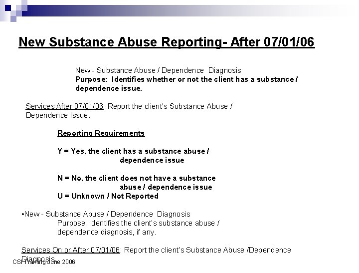 New Substance Abuse Reporting- After 07/01/06 New - Substance Abuse / Dependence Diagnosis Purpose: