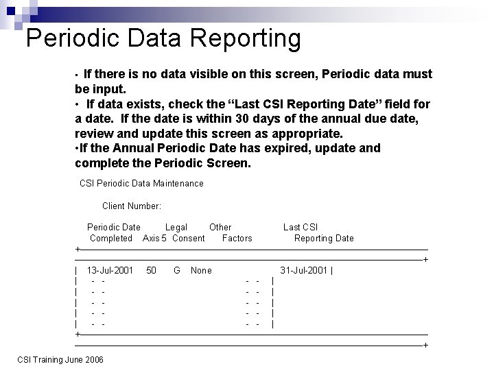 Periodic Data Reporting If there is no data visible on this screen, Periodic data