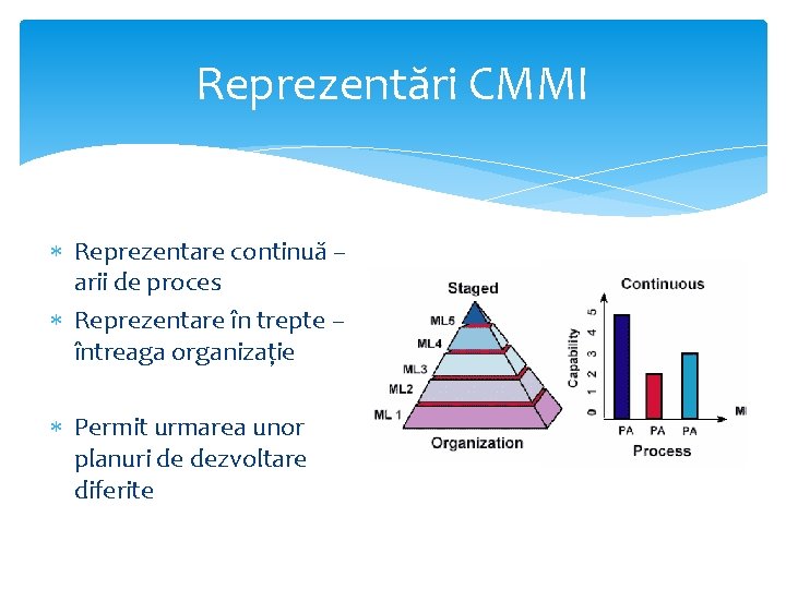 Reprezentări CMMI Reprezentare continuă – arii de proces Reprezentare în trepte – întreaga organizație