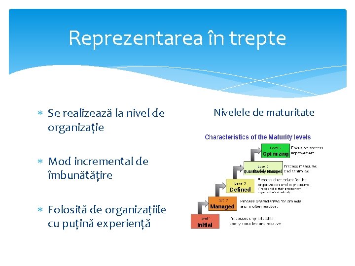 Reprezentarea în trepte Se realizează la nivel de organizație Mod incremental de îmbunătățire Folosită