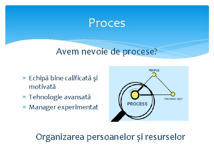 Proces Avem nevoie de procese? Echipă bine calificată și motivată Tehnologie avansată Manager experimentat