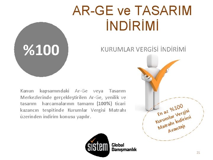 AR-GE ve TASARIM İNDİRİMİ %100 KURUMLAR VERGİSİ İNDİRİMİ Kanun kapsamındaki Ar-Ge veya Tasarım Merkezlerinde