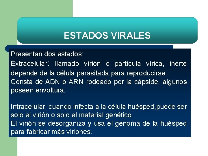 ESTADOS VIRALES Presentan dos estados: Extracelular: llamado virión o partícula vírica, inerte depende de